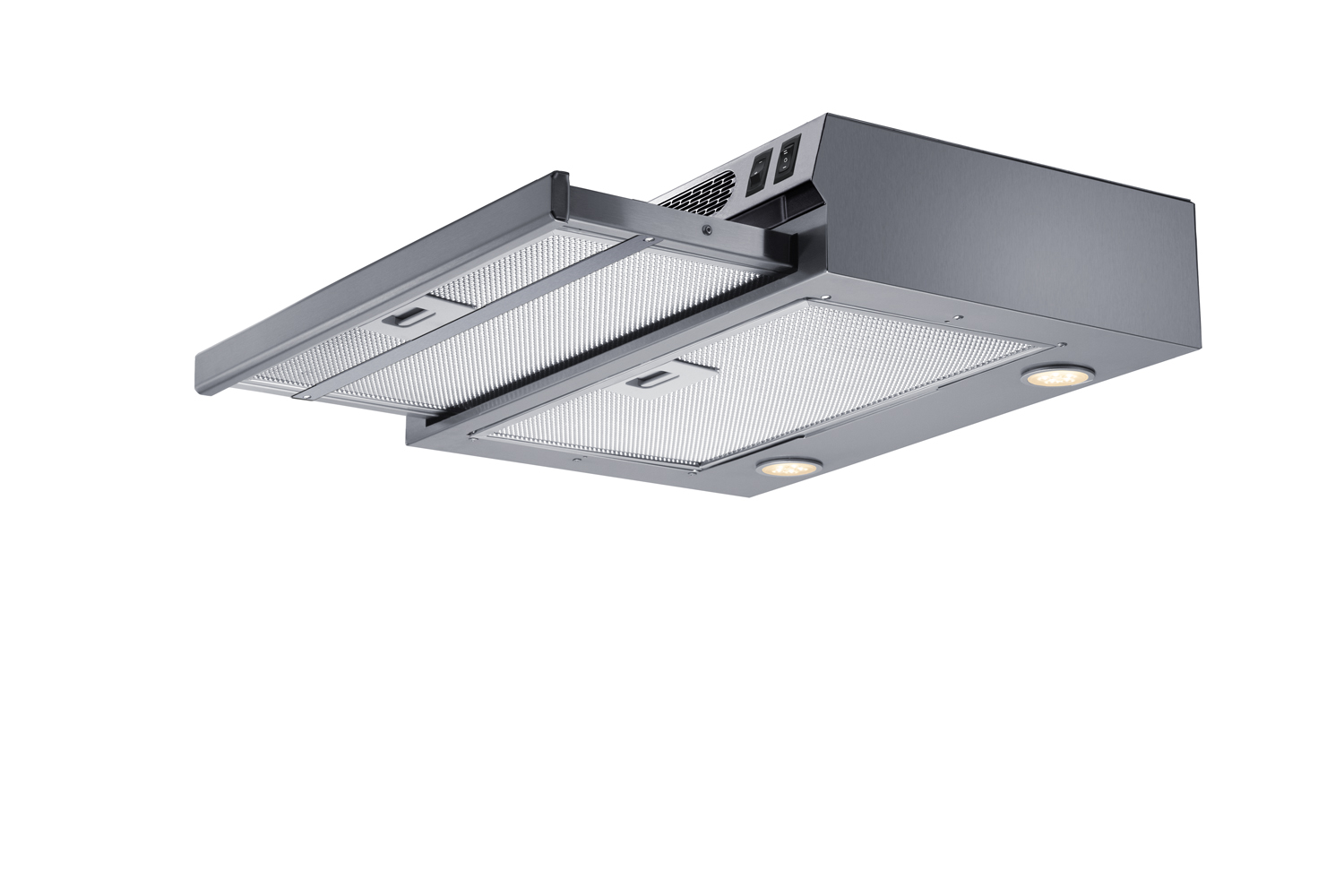 20 inch wide ADA compliant under cabinet retractable range hood for ductless use in stainless steel, made in the USA with separate wall switch for ADA applications